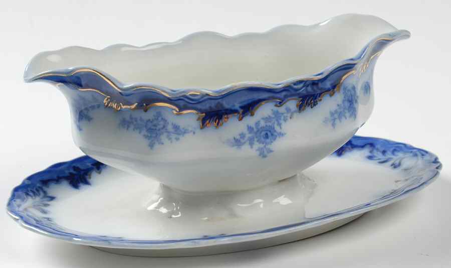Somerset (Flow Blue) Gravy Boat with Attached Underplate by Grindley-1
