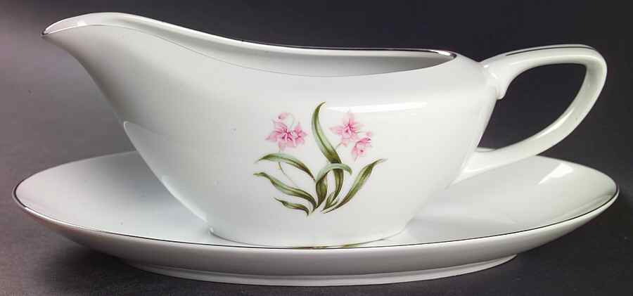 Pink Orchid Gravy Boat & Underplate/Relish by Grantcrest-1