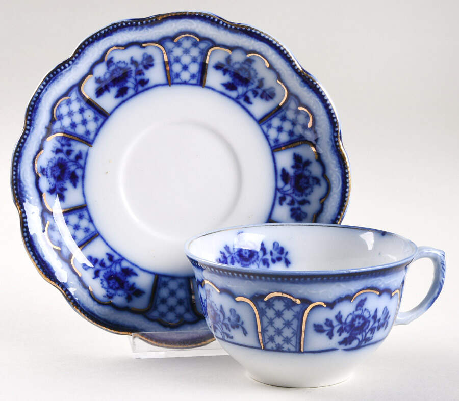 Melbourne (Flow Blue) Flat Cup & Saucer Set by Grindley-1