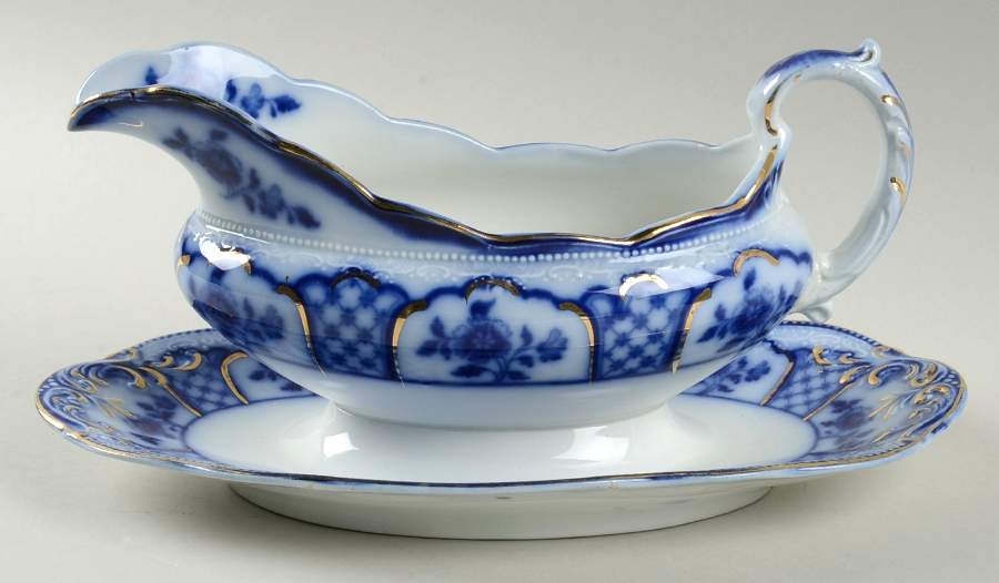 Melbourne (Flow Blue) Gravy Boat with Attached Underplate by Grindley-1