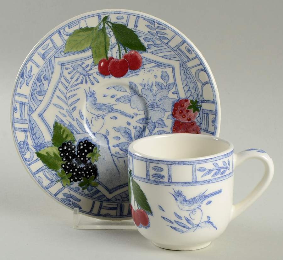 Oiseau Bleu (Fruit) Flat Demitasse Cup & Saucer Set by Faiencerie De Gien-1