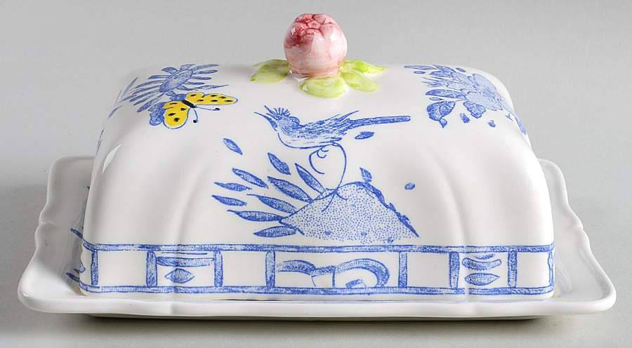 Oiseau Bleu (Fruit) Square Covered Butter by Faiencerie De Gien-1