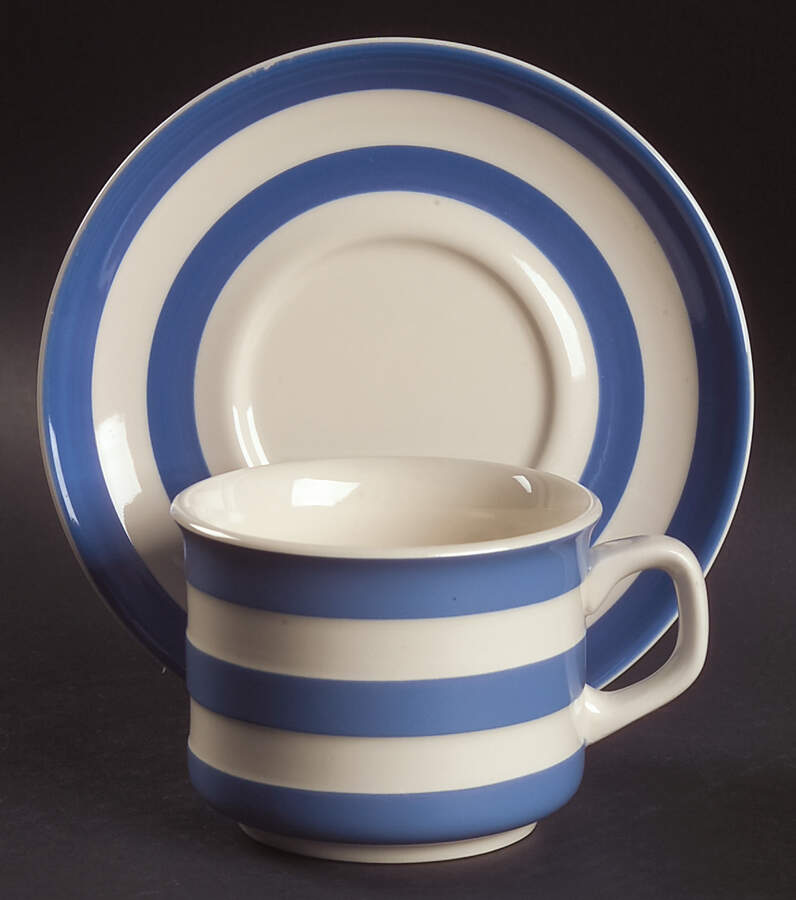 Cornish Blue Cream Cornishware Flat Cup & Saucer Set by T G Green (England)-1