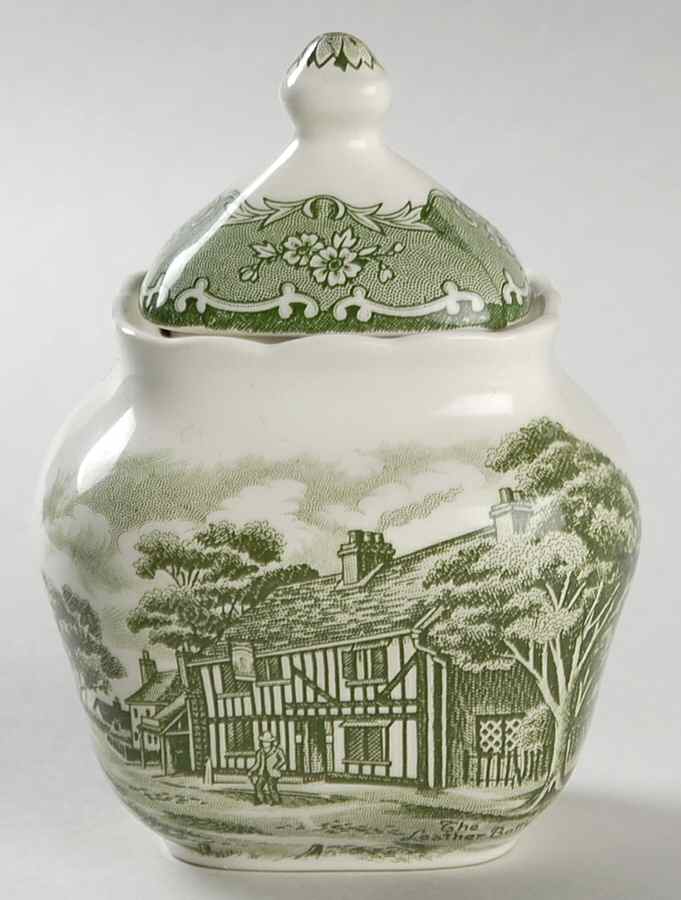 English Country Inns Green Sugar Bowl & Lid by Grindley-1