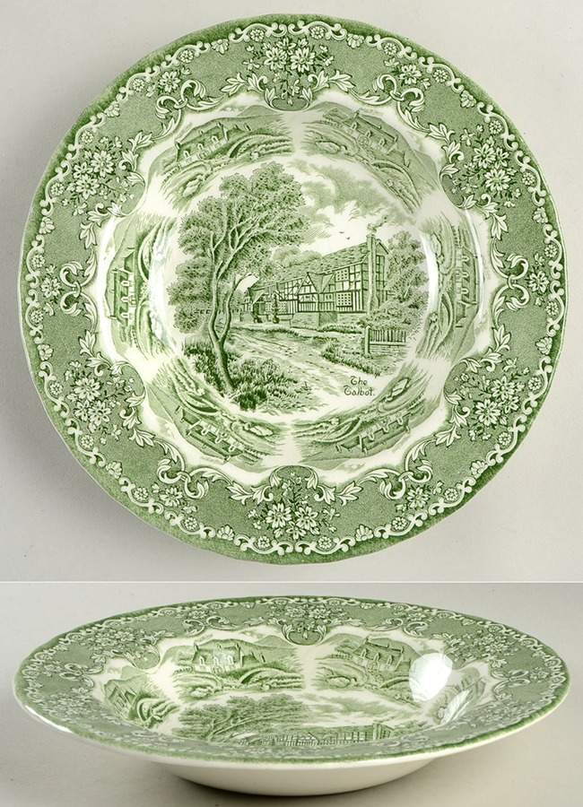 English Country Inns Green Rim Soup Bowl by Grindley-1