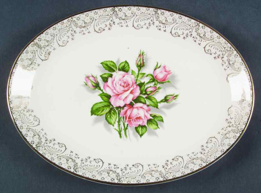 Tudor Rose (Pink Rose Center) 9" Oval Serving Platter by Georgian China-1