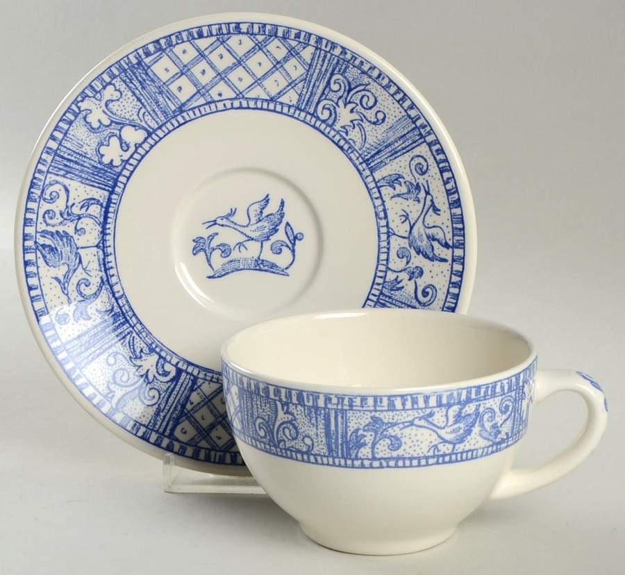 Jardin Bleu (Blue and White) Flat Cup & Saucer Set by Faiencerie De Gien-1