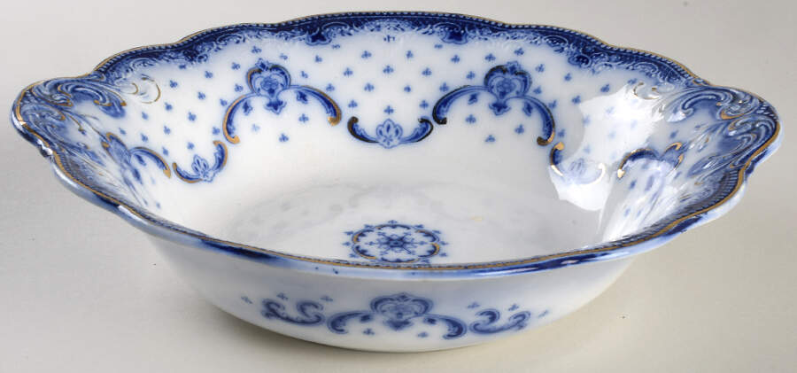 Keele (Flow Blue, Gold Accent) 9" Round Vegetable Bowl by Grindley-1