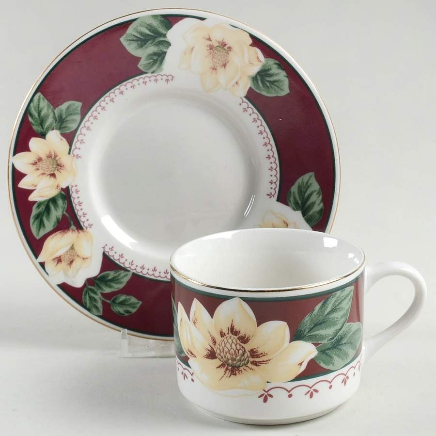 Magnolia Bloom Flat Cup & Saucer Set by Gibson Designs-1