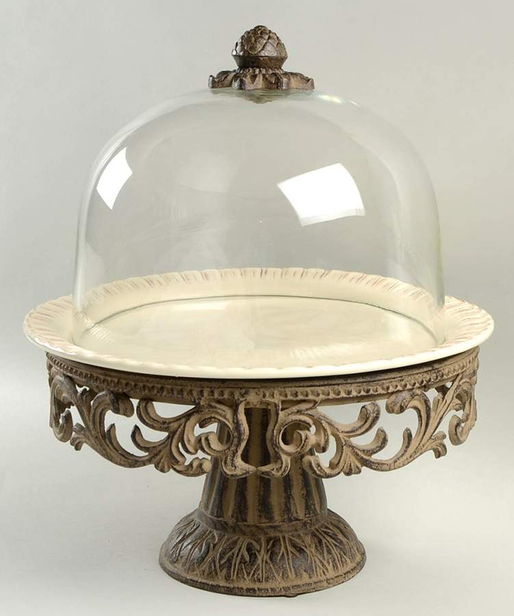 Cream Cake Plate with Metal Pedestal & Glass Dome by GG Collection-1