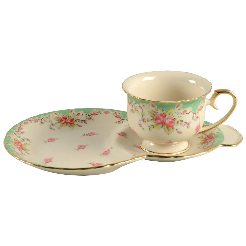 Green Vintage Rose Dessert Plate & Cup Set by Gracie Bone China-1