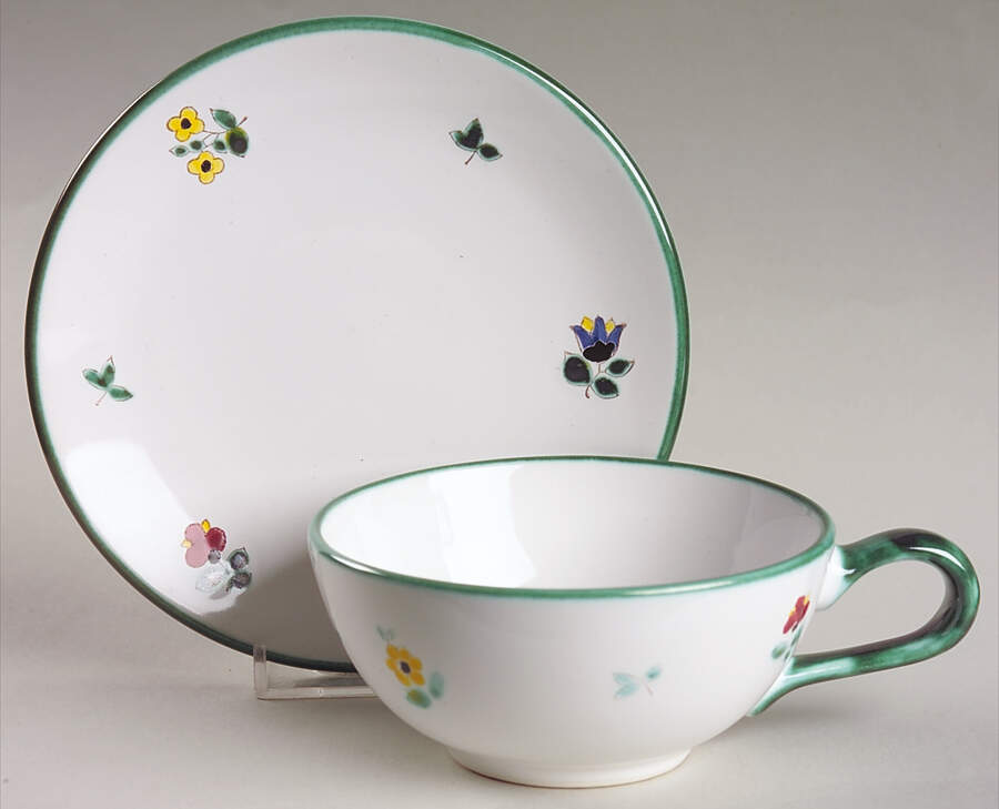 Scattered Blossom Green (Coupe) Flat Cup & Saucer Set by Gmundner Austria-1