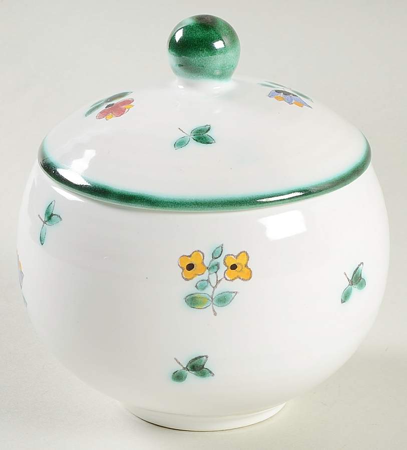 Scattered Blossom Green (Coupe) Sugar Bowl & Lid by Gmundner Austria-1