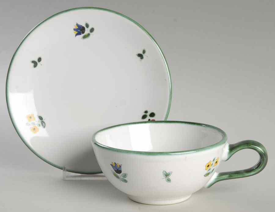 Scattered Blossom Green (Coupe) Flat Cup & Saucer Set by Gmundner Austria-1