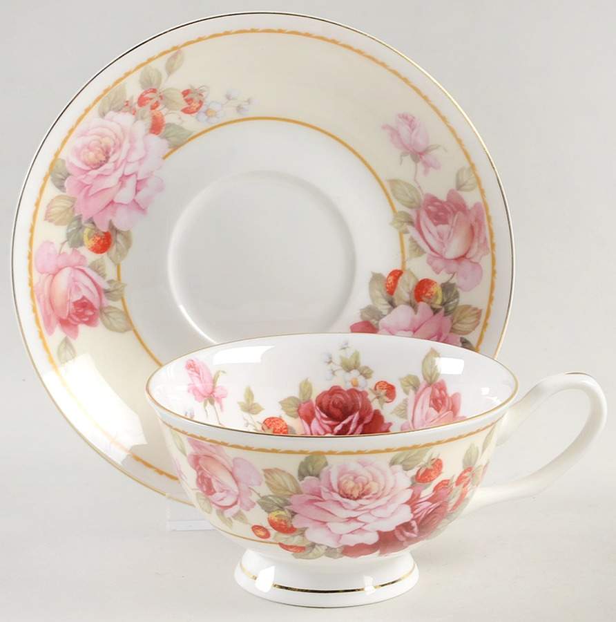 Peony and Strawberry Cream Footed Cup & Saucer Set by Gracie Bone China-1