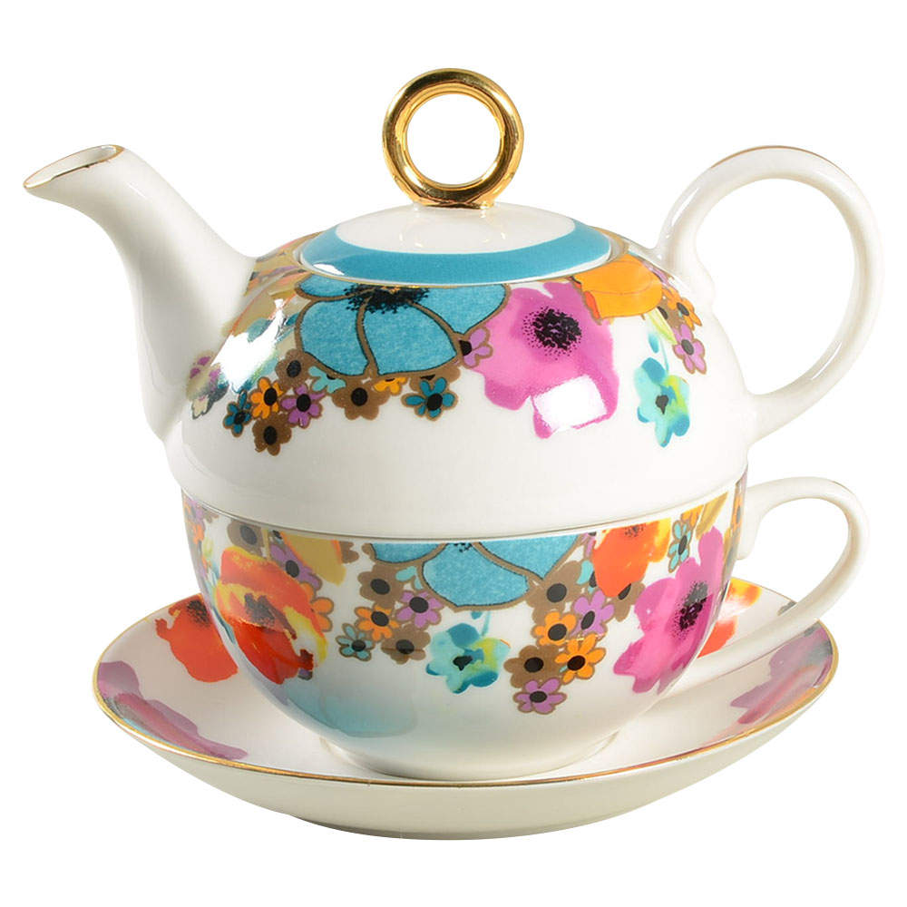 Multi Poppy Individual Teapot & Lid with Cup & Saucer by Grace's Teaware-1