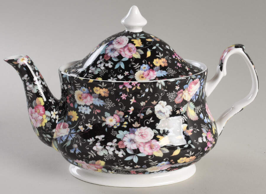 Petite Rose Black Teapot & Lid by Gracie Bone China-1