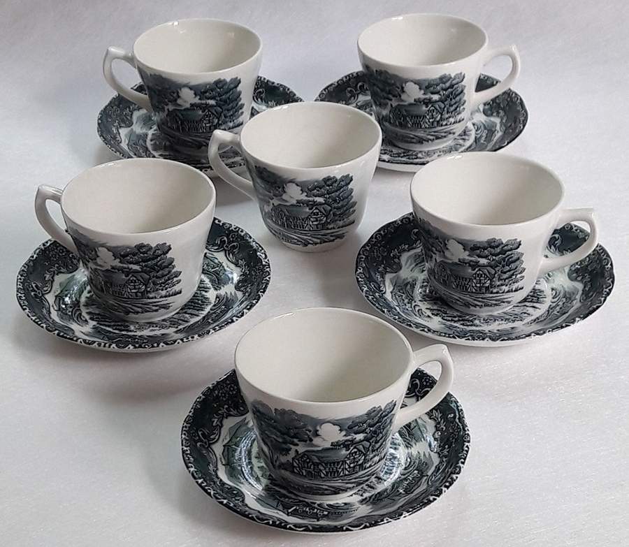 English Country Inns Black Flat Cup & Saucer Set by Grindley-1
