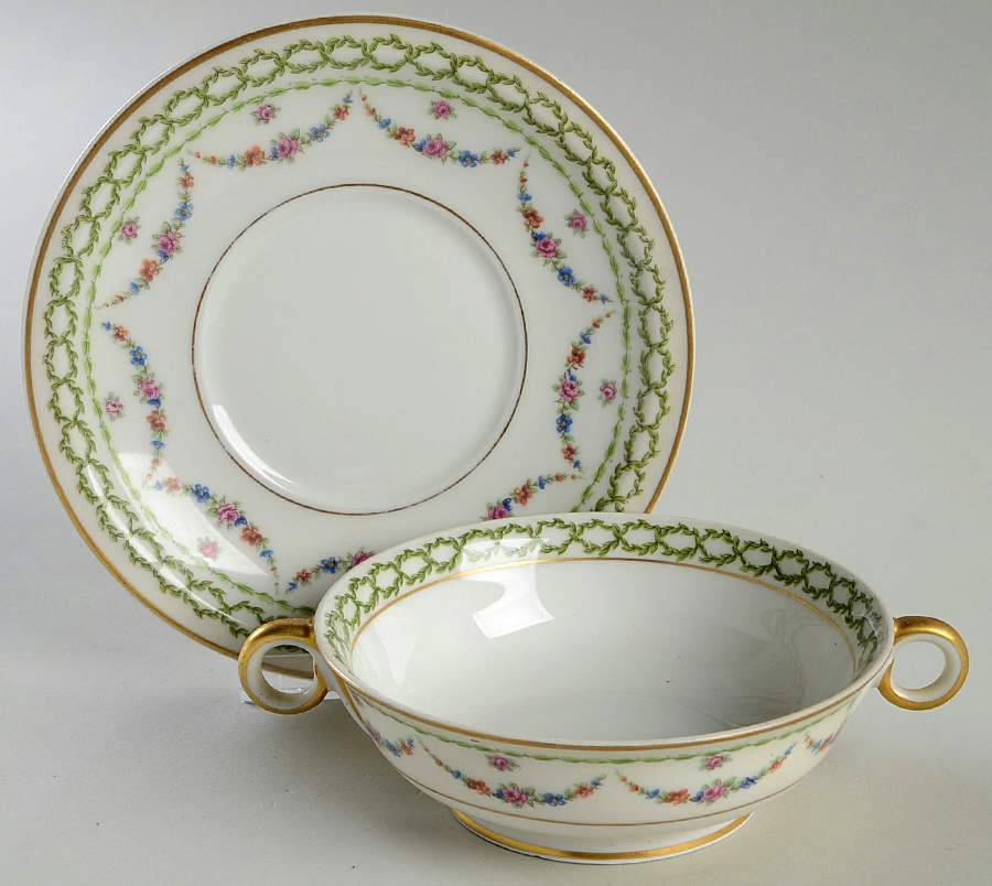 Beaucaire (Gold Trim) Footed Cream Soup Bowl & Saucer Set by Haviland-1