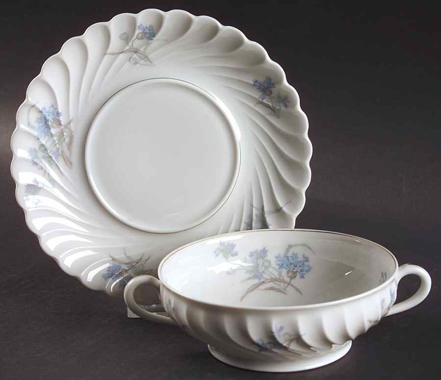 Bergere (Blue Flowers, Gold Verge) Flat Cream Soup Bowl & Saucer Set by Haviland-1