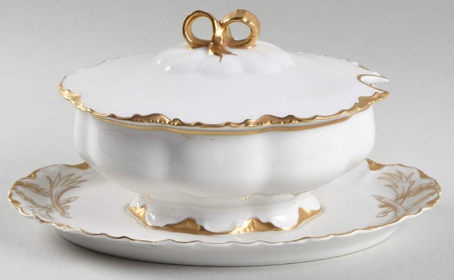 Ranson (Gold Trim) Gravy Boat w/Attached Underplate & Lid by Haviland-1