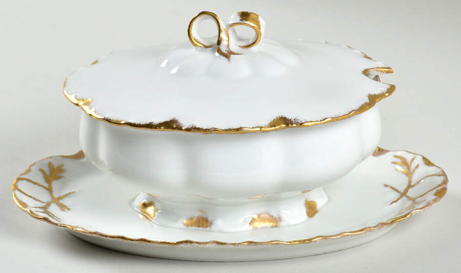 Ranson (Gold Trim) Gravy Boat w/Attached Underplate & Lid by Haviland-1