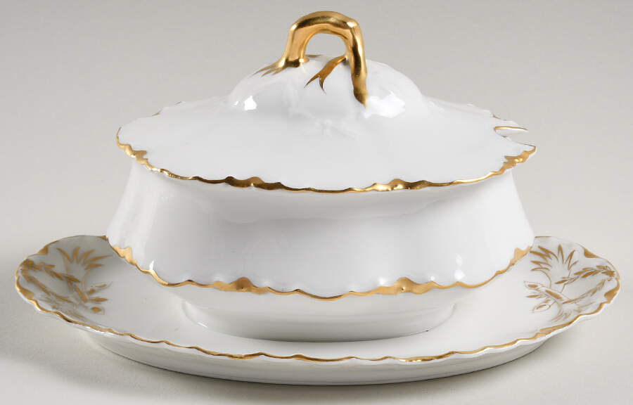 Ranson (Gold Trim) Gravy Boat w/Attached Underplate & Lid by Haviland-1