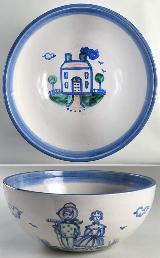 Country Scene Blue Punch Bowl by M A Hadley-1