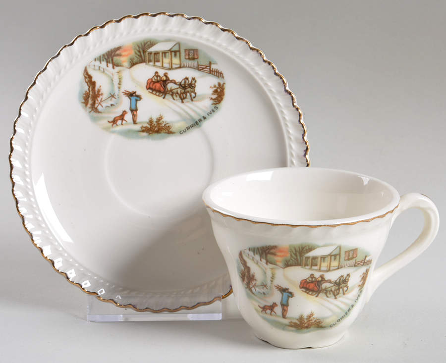 Currier & Ives (No Gold Inner Band) Flat Demitasse Cup & Saucer Set by Harker-1