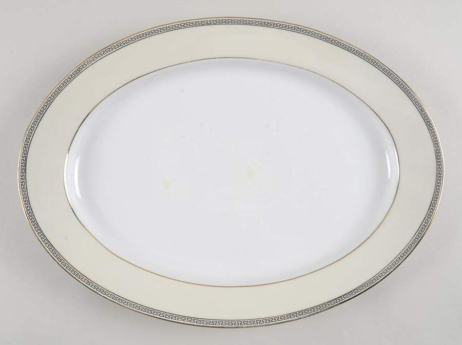 Greek Key Black (Cream Rim, White Center) 14" Oval Serving Platter by Heinrich - H&C-1