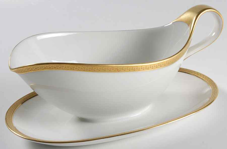 Greek Key Gold Gravy Boat with Attached Underplate by Heinrich - H&C-1