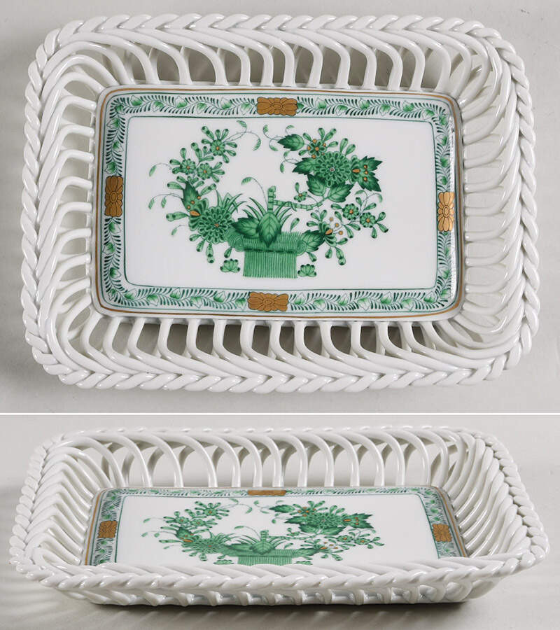 Chinese Bouquet Green (AV) 7" Rectangular Open Weave Basket by Herend-1
