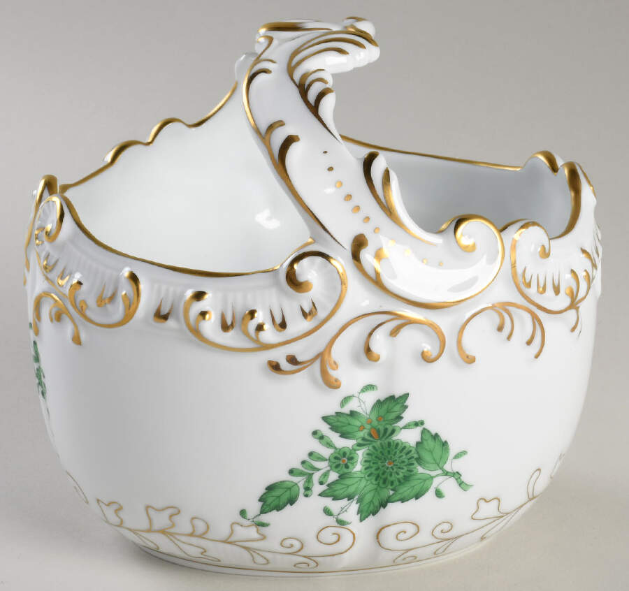 Chinese Bouquet Green (AV) Medium Basket with Handle by Herend-1