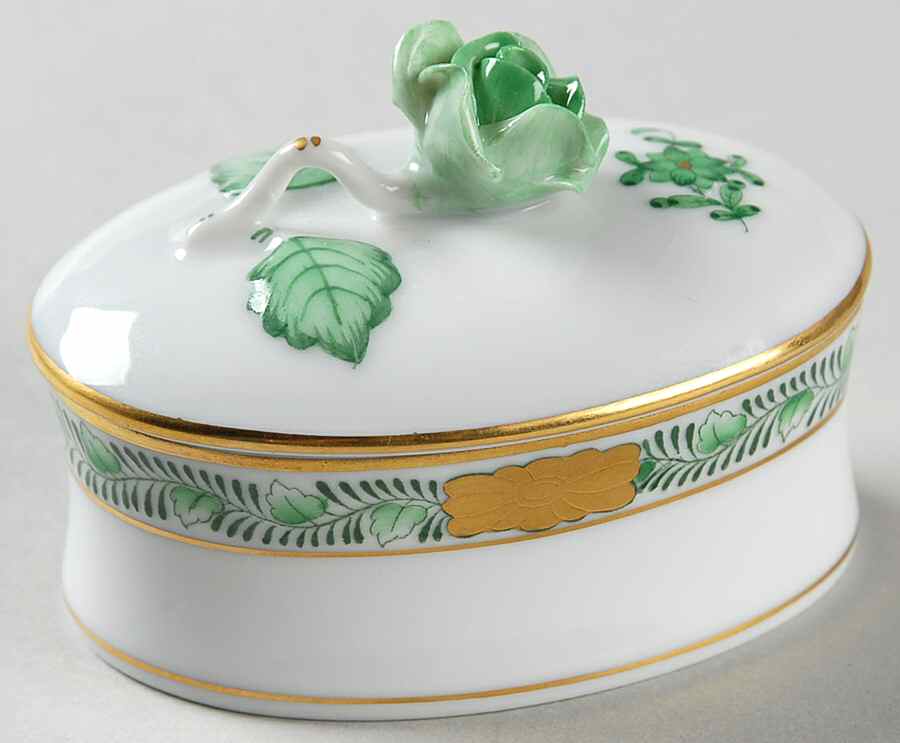 Chinese Bouquet Green (AV) Mini Oval Box & Lid by Herend-1