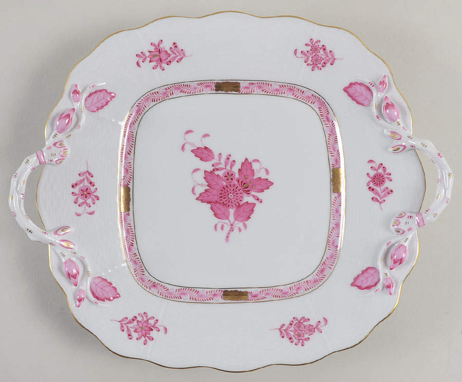 Chinese Bouquet Raspberry (AP) Square Handled Cake Plate by Herend-1