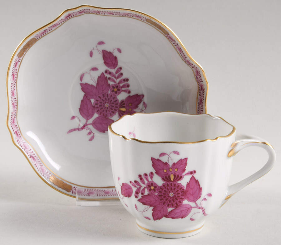 Chinese Bouquet Raspberry (AP) Footed Demitasse Cup & Saucer Set by Herend-1