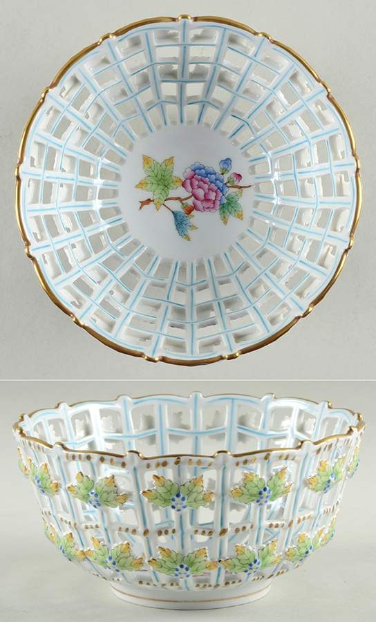 Queen Victoria (Green Border) 6" Round Open Weave Basket by Herend-1