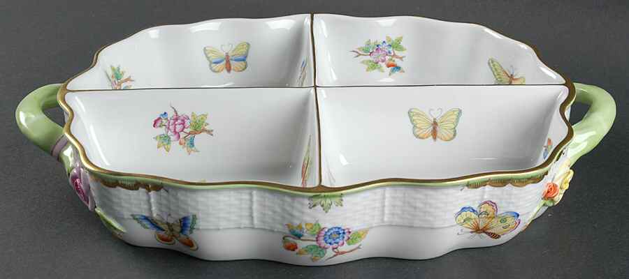 Queen Victoria (Green Border) 4 Part Handled Hors d'Oeuvre Dish by Herend-1