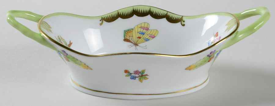 Queen Victoria (Green Border) 6" Oval Basket with Handles by Herend-1