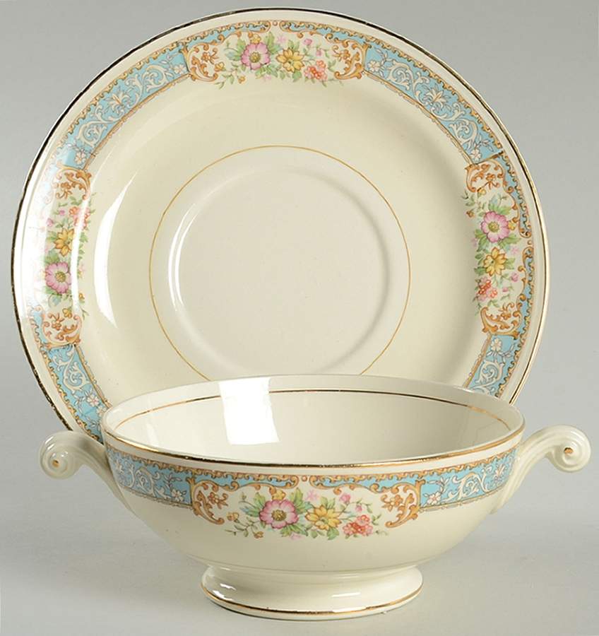 Blue Dawn Footed Cream Soup Bowl & Saucer Set by Homer Laughlin -1