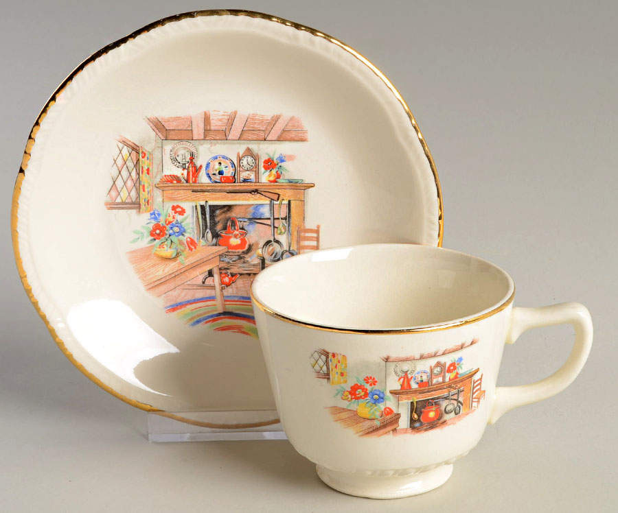 Colonial Kitchen (Liberty, Gold Trim) Footed Cup & Saucer Set by Homer Laughlin -1
