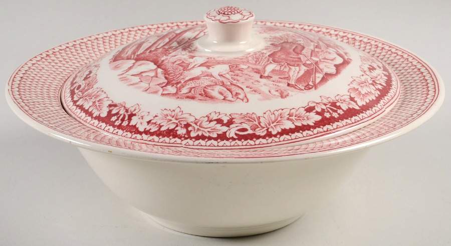 Currier & Ives Red Round Covered Vegetable by Homer Laughlin -1