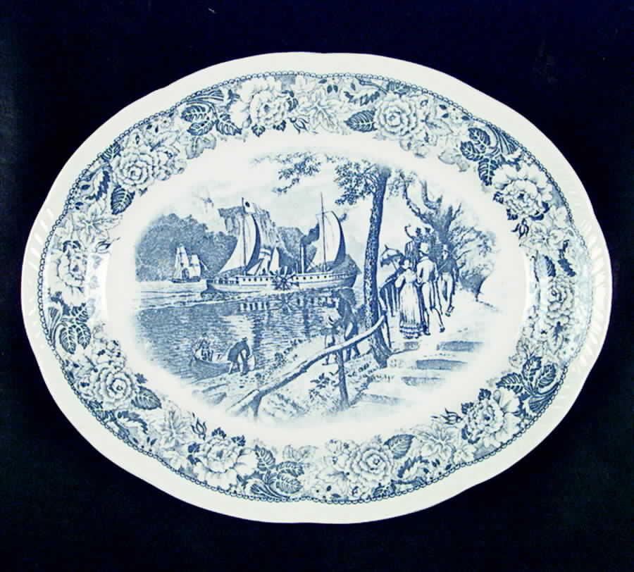 Historical America Blue (Scalloped) 11" Oval Serving Platter by Homer Laughlin -1