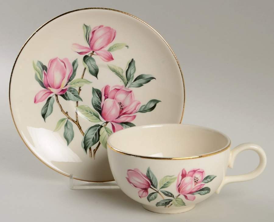 Pink Magnolia Flat Cup & Saucer Set by Homer Laughlin -1