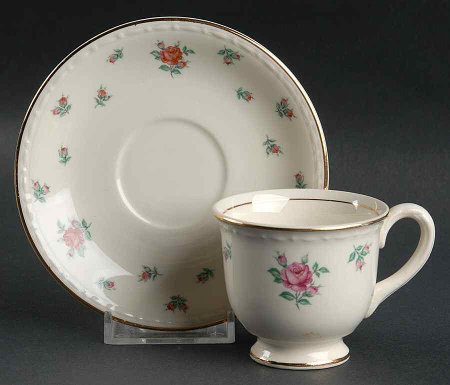 Rambler Rose (Eggshell Georgian, American Vogue) Footed Demitasse Cup & Saucer Set by Homer Laughlin -1