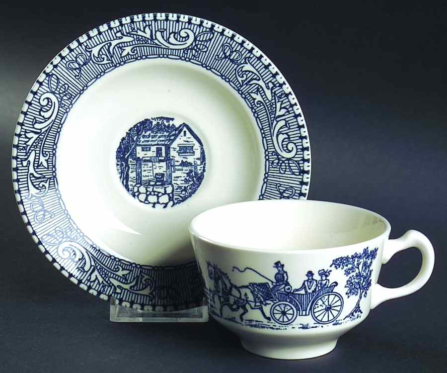 Shakespeare Country Blue (Scrolls) Flat Cup & Saucer Set by Homer Laughlin -1