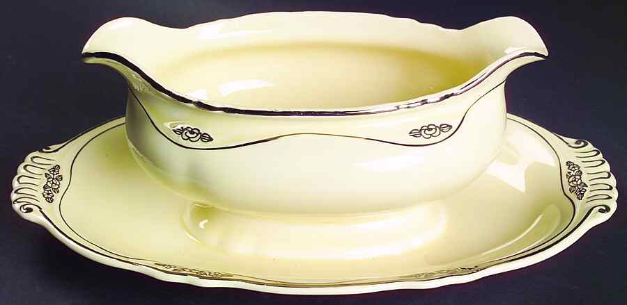Silver Rose Patrician Silver Scroll Gravy Boat with Attached Underplate by Homer Laughlin -1