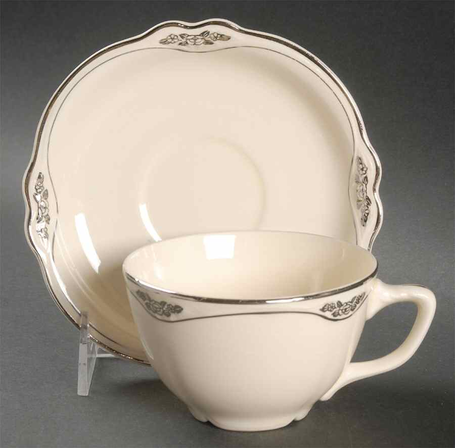 Silver Rose Patrician Silver Scroll Flat Cup & Saucer Set by Homer Laughlin -1