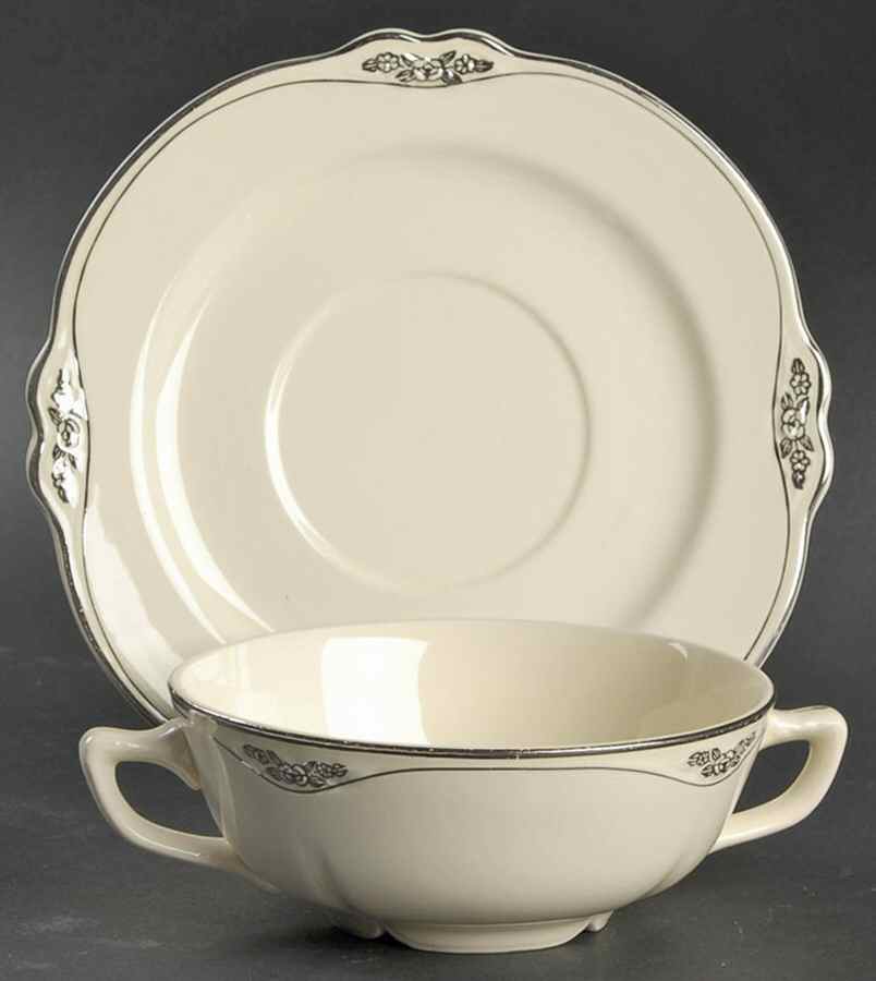 Silver Rose Patrician Silver Scroll Flat Cream Soup Bowl & Saucer Set by Homer Laughlin -1