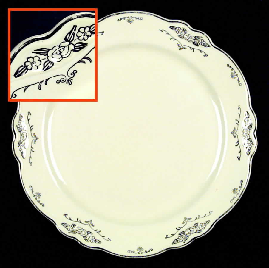 Silver Rose Patrician Silver Scroll Dinner Plate by Homer Laughlin -1